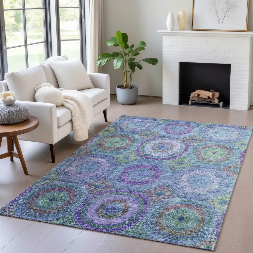 Blue Purple And Lime Green Geometric Washable Indoor Outdoor Area Rug Photo 6