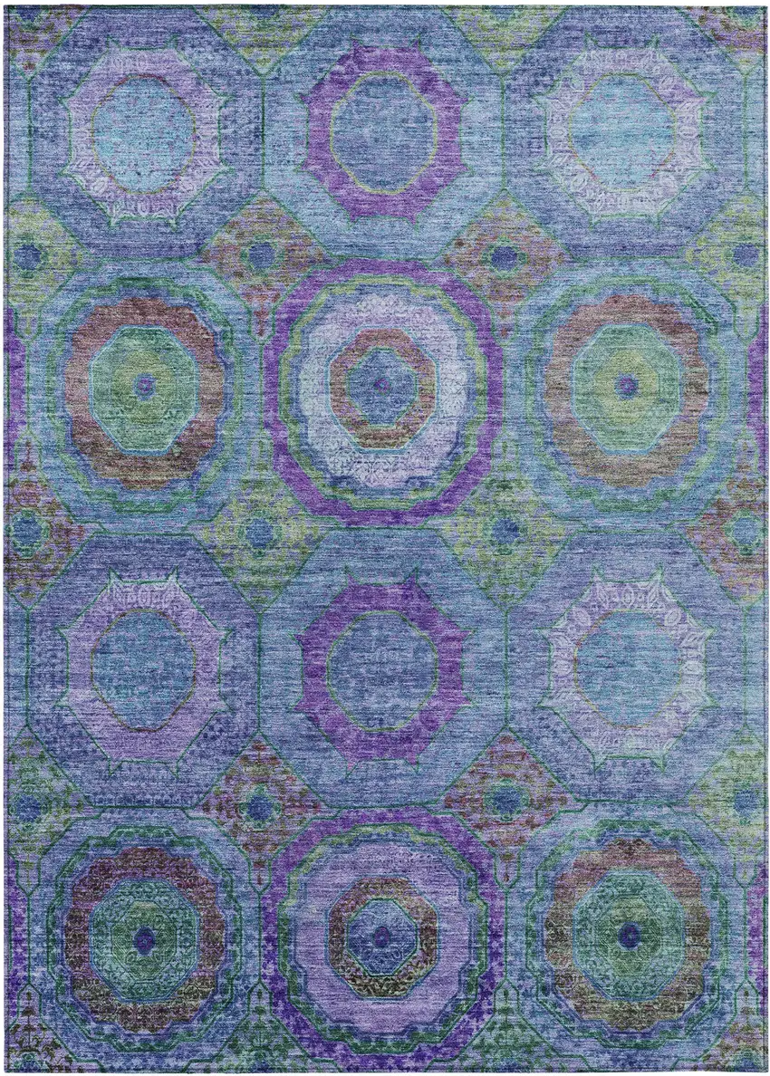 Blue Purple And Lime Green Geometric Washable Indoor Outdoor Area Rug Photo 1
