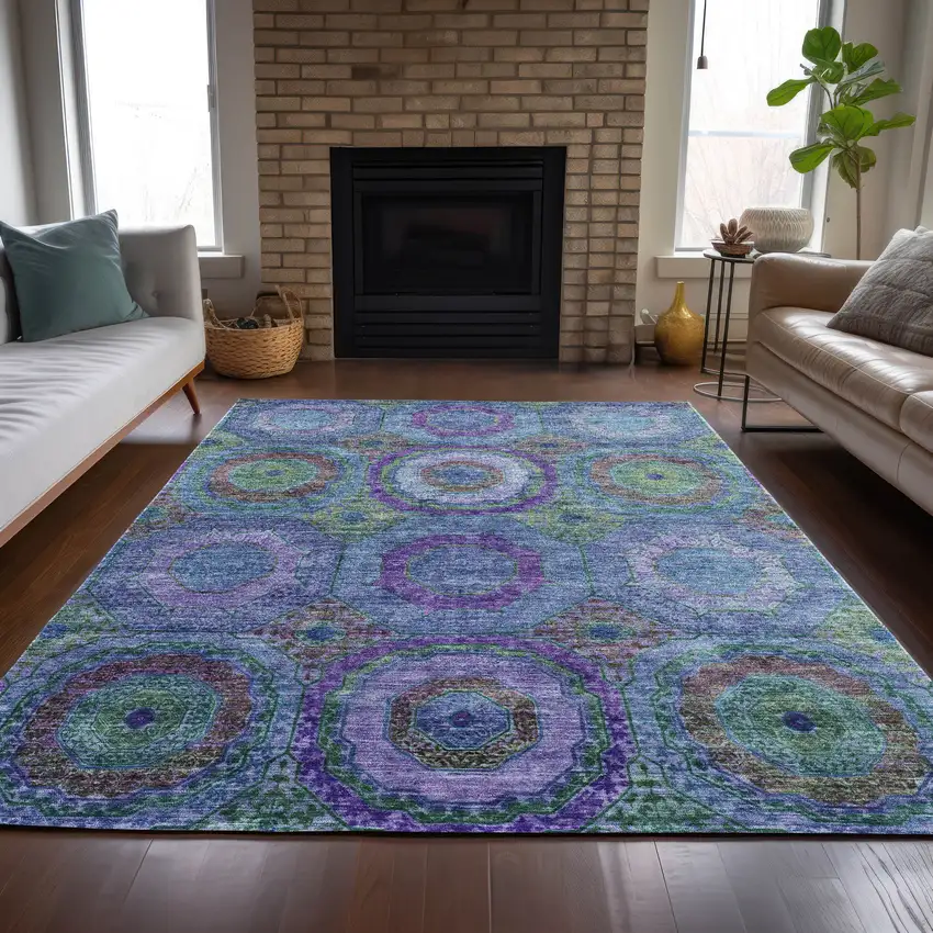 Blue Purple And Lime Green Geometric Washable Indoor Outdoor Area Rug Photo 7