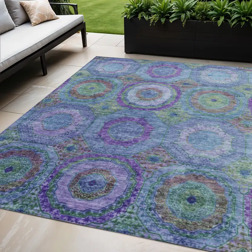 Blue Purple And Lime Green Geometric Washable Indoor Outdoor Area Rug Photo 2
