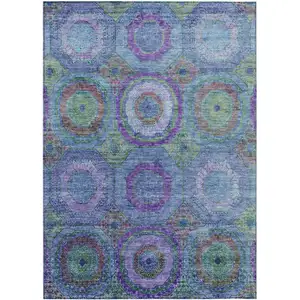 Photo of Blue Purple And Lime Green Geometric Washable Indoor Outdoor Area Rug