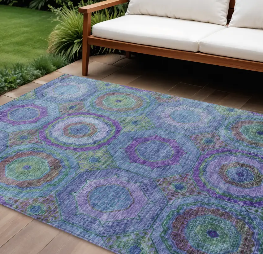 Blue Purple And Lime Green Geometric Washable Indoor Outdoor Area Rug Photo 2