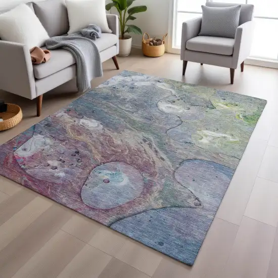 Blue Purple And Mint Green Abstract Washable Indoor Outdoor Area Rug Photo 5