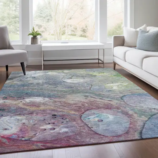 Blue Purple And Mint Green Abstract Washable Indoor Outdoor Area Rug Photo 6