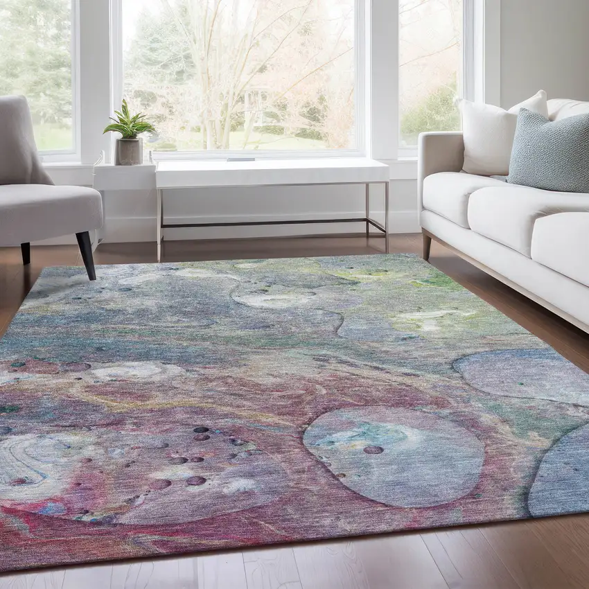 Blue Purple And Mint Green Abstract Washable Indoor Outdoor Area Rug Photo 6