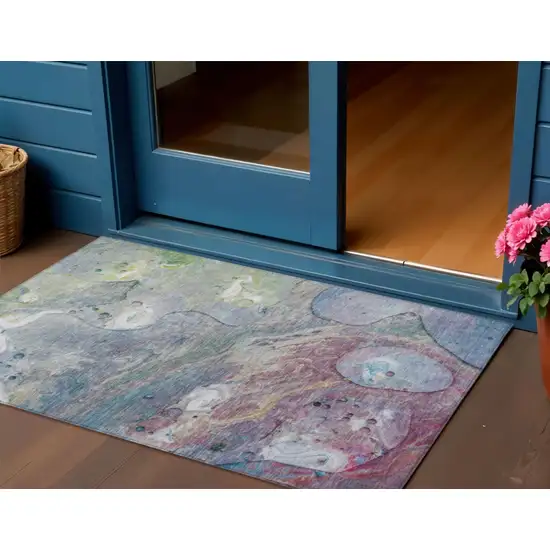 Blue Purple And Mint Green Abstract Washable Indoor Outdoor Area Rug Photo 2