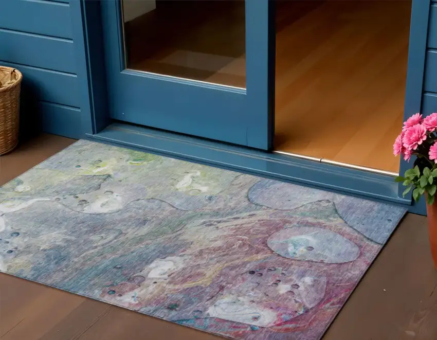 Blue Purple And Mint Green Abstract Washable Indoor Outdoor Area Rug Photo 2