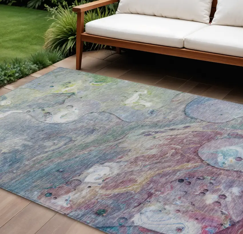 Blue Purple And Mint Green Abstract Washable Indoor Outdoor Area Rug Photo 2