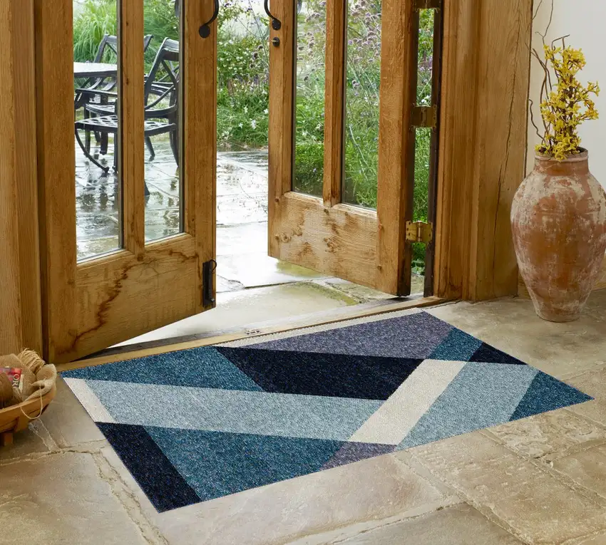 Blue Purple Grey and Teal Geometric Power Loom Area Rug Photo 1