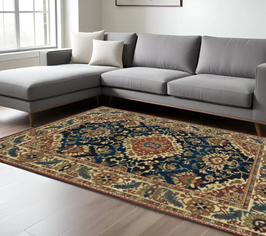 Blue Red And Beige Oriental Power Loom Stain Resistant Area Rug Photo 1