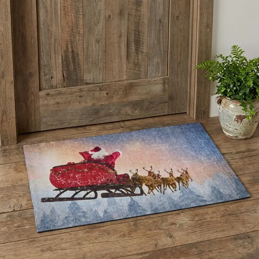 Blue Red And Brown Christmas Santa Claus Washable Area Rug With UV Protection Photo 1