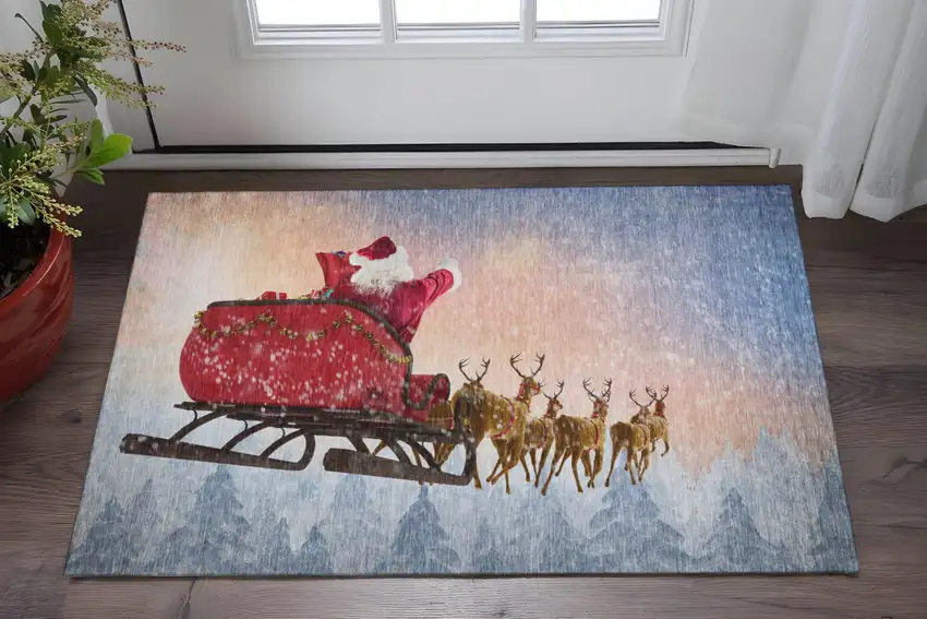 Blue Red And Brown Geometric Washable Area Rug With UV Protection Photo 1