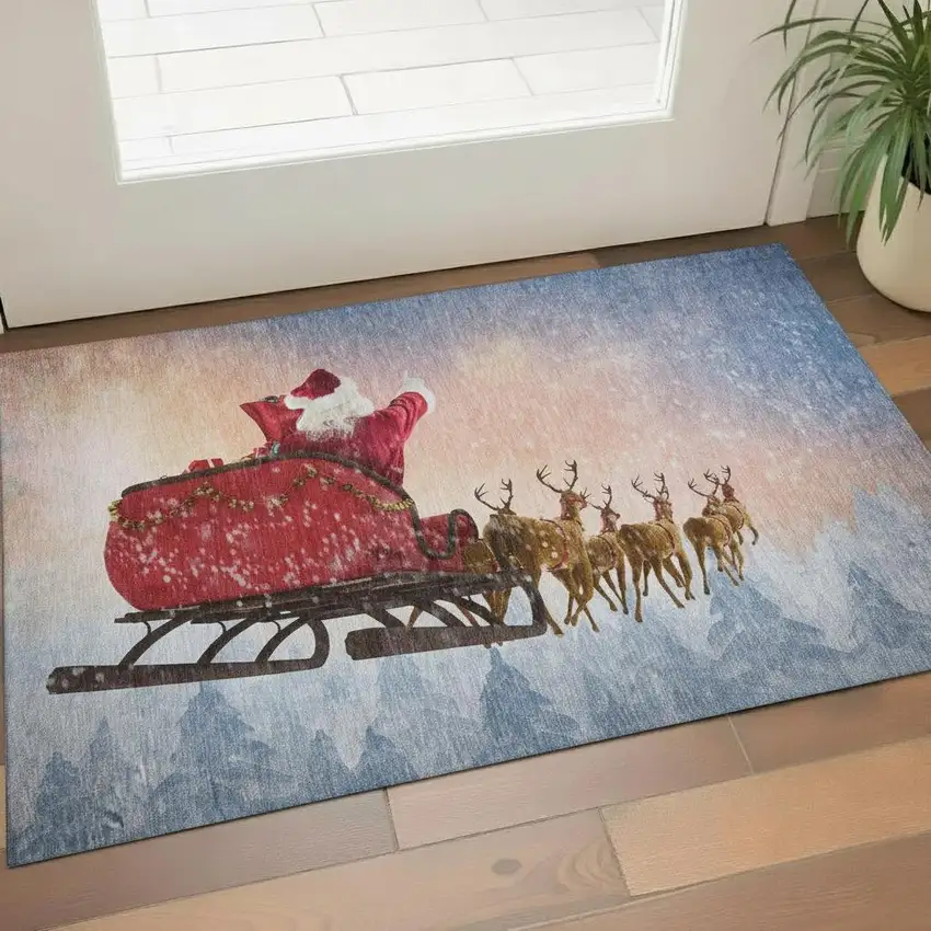 Blue Red And Brown Geometric Washable Area Rug With UV Protection Photo 1