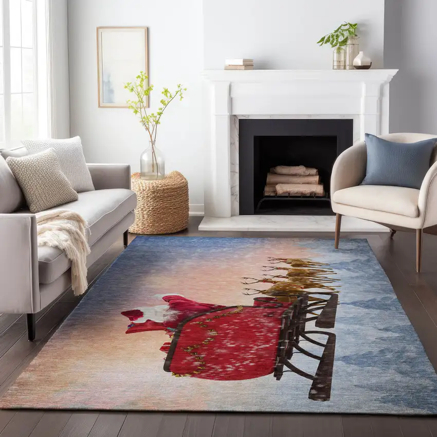 Blue Red And Brown Geometric Washable Area Rug With UV Protection Photo 8