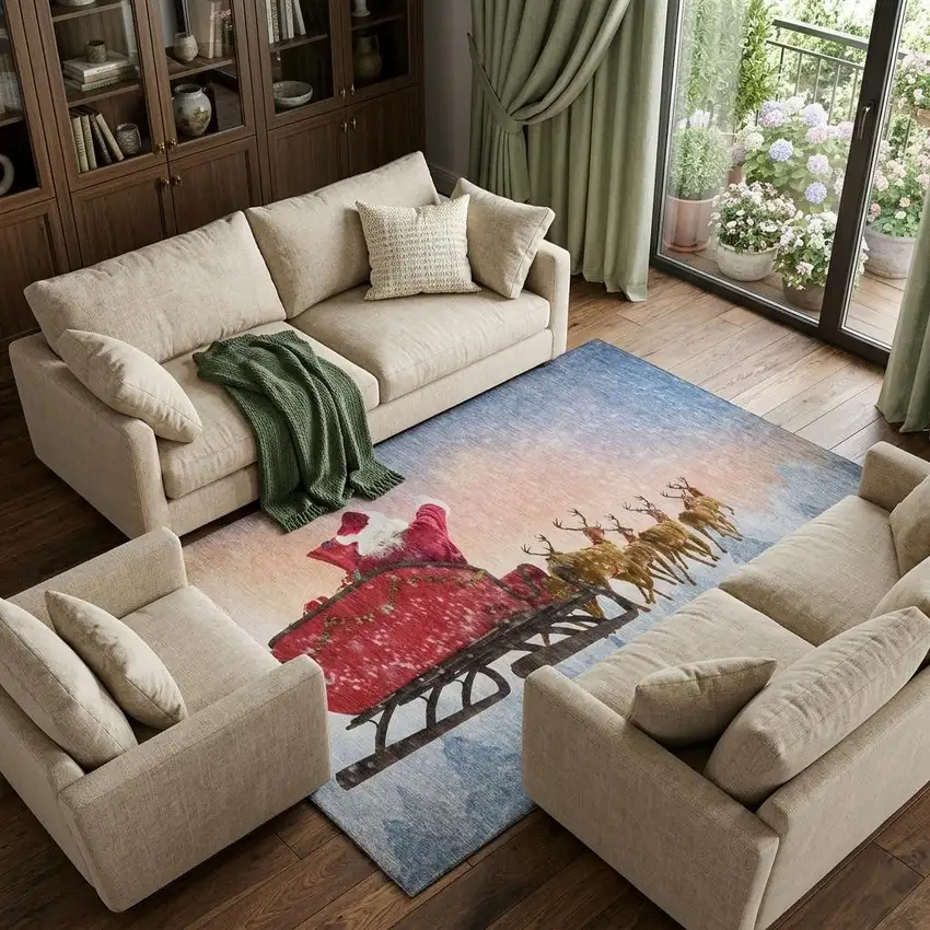 Blue Red And Brown Christmas Santa Claus Washable Area Rug With UV Protection Photo 1