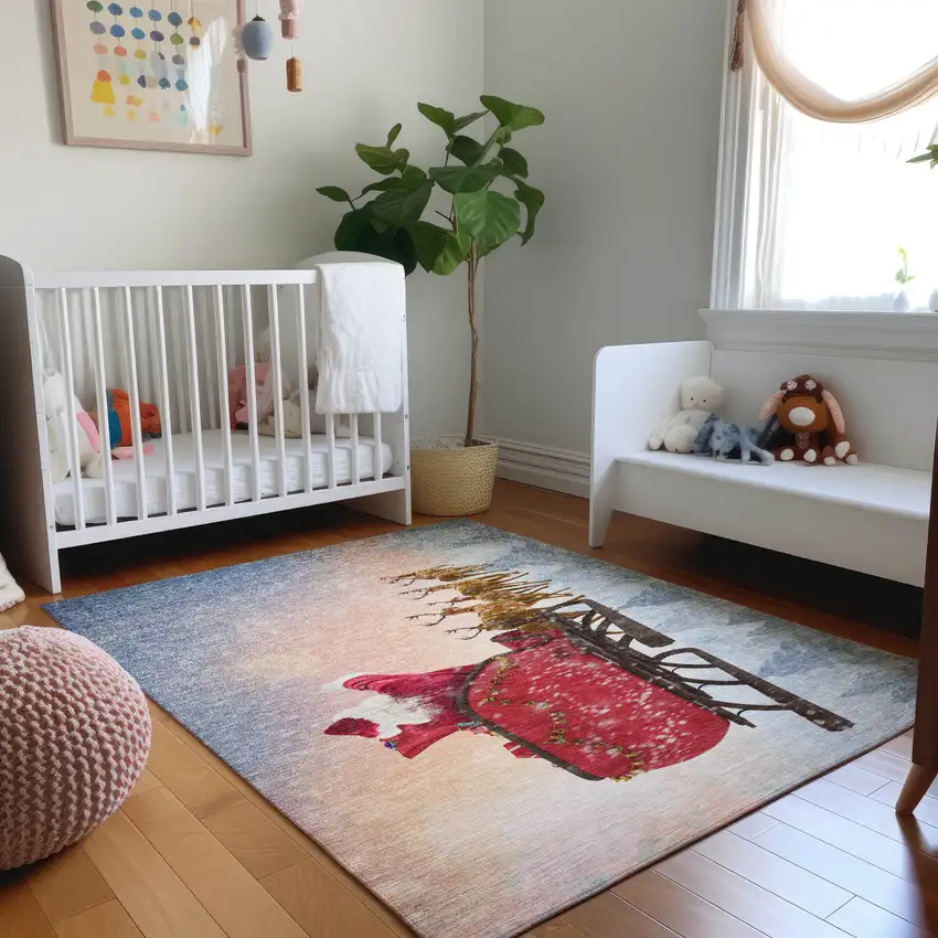 Blue Red And Brown Christmas Santa Claus Distressed Washable Area Rug With UV Protection Photo 7