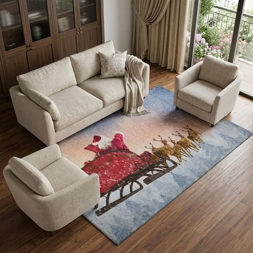 Blue Red And Brown Christmas Santa Claus Distressed Washable Area Rug With UV Protection Photo 1
