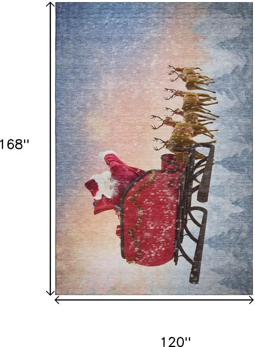 Blue Red And Brown Christmas Santa Claus Distressed Washable Area Rug With UV Protection Photo 3