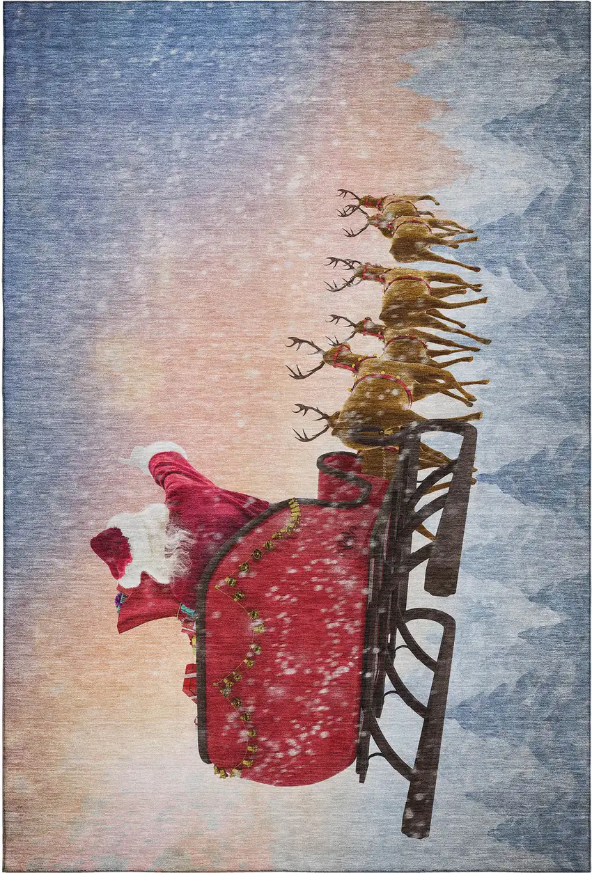 Blue Red And Brown Christmas Santa Claus Distressed Washable Area Rug With UV Protection Photo 2