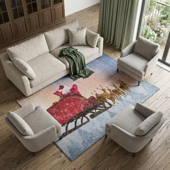 Blue Red And Brown Christmas Santa Claus Distressed Washable Area Rug With UV Protection Photo 1