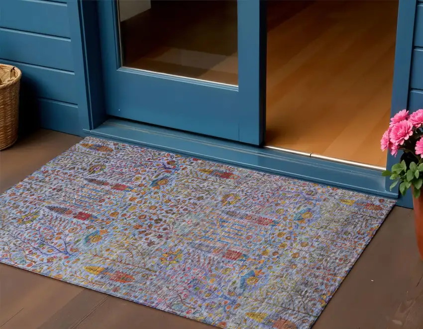 Blue Red And Gold Floral Washable Indoor Outdoor Area Rug Photo 2