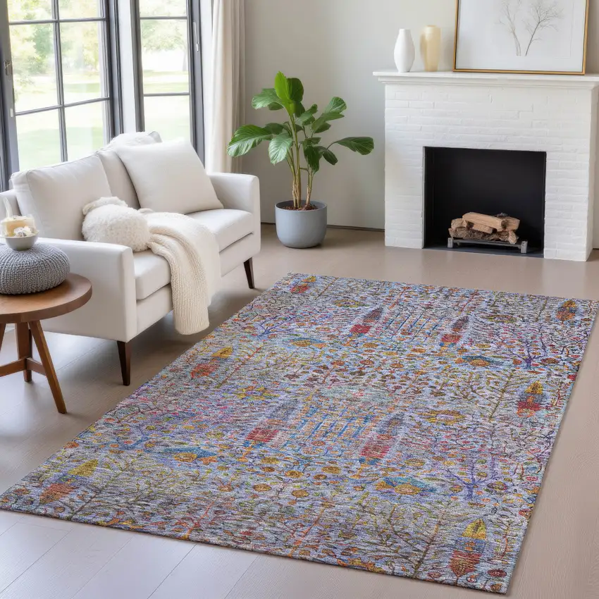 Blue Red And Gold Floral Washable Indoor Outdoor Area Rug Photo 5