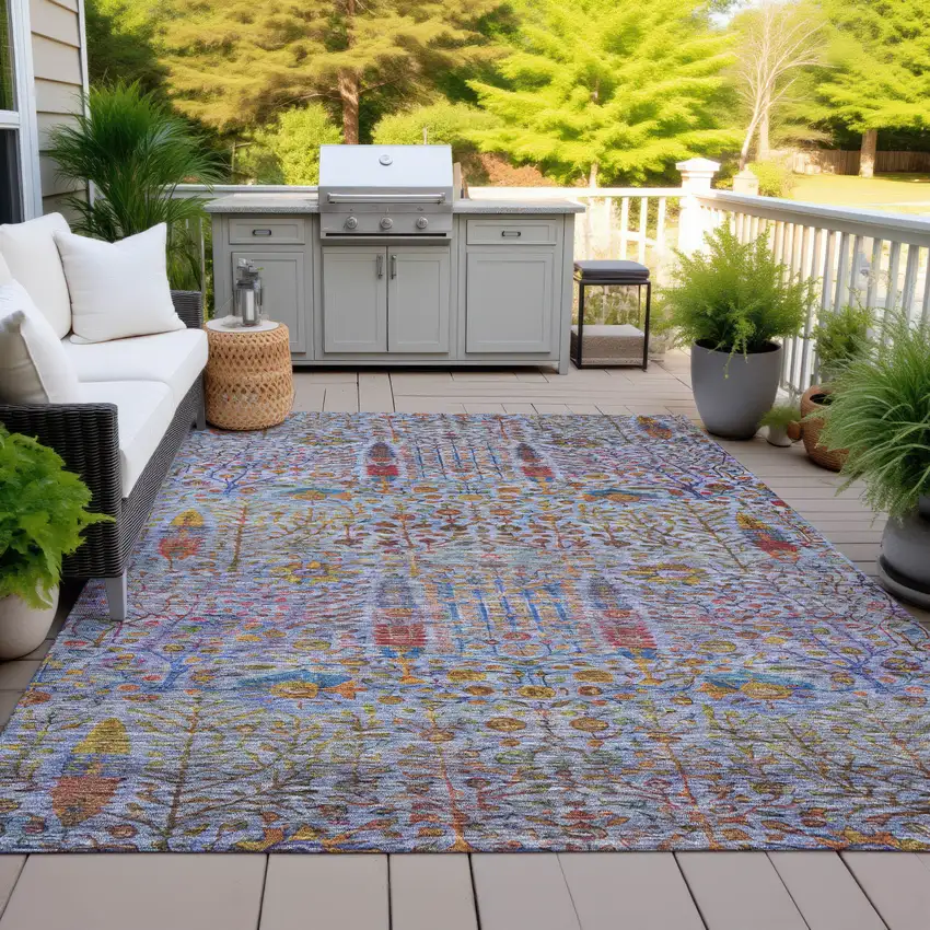 Blue Red And Gold Floral Washable Indoor Outdoor Area Rug Photo 4