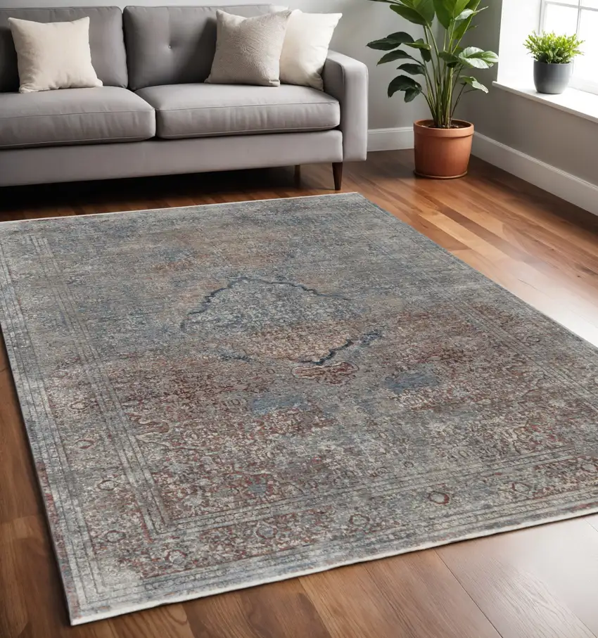 Blue and Gray Floral Power Loom Area Rug Photo 1