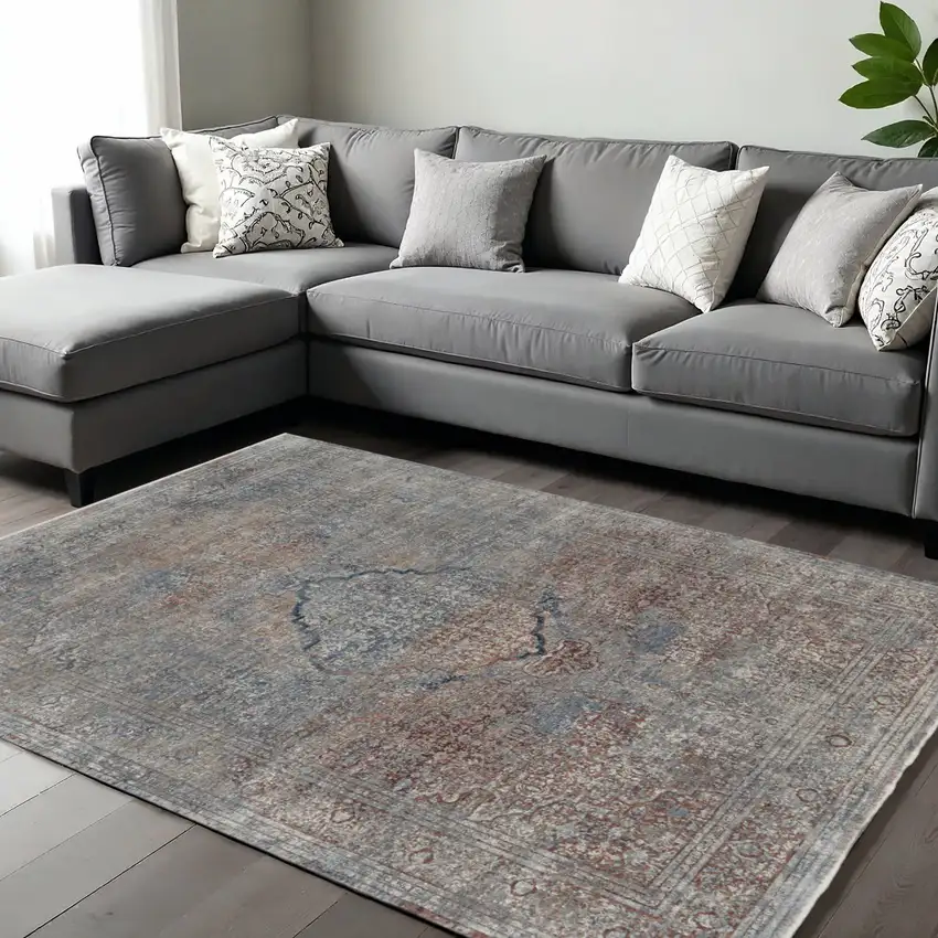 Blue Red And Gray Floral Area Rug Photo 1