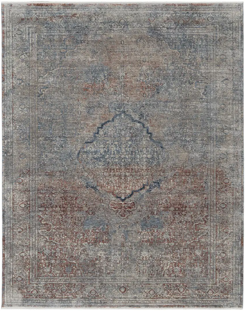 Blue Red And Gray Floral Power Loom Stain Resistant Area Rug Photo 1