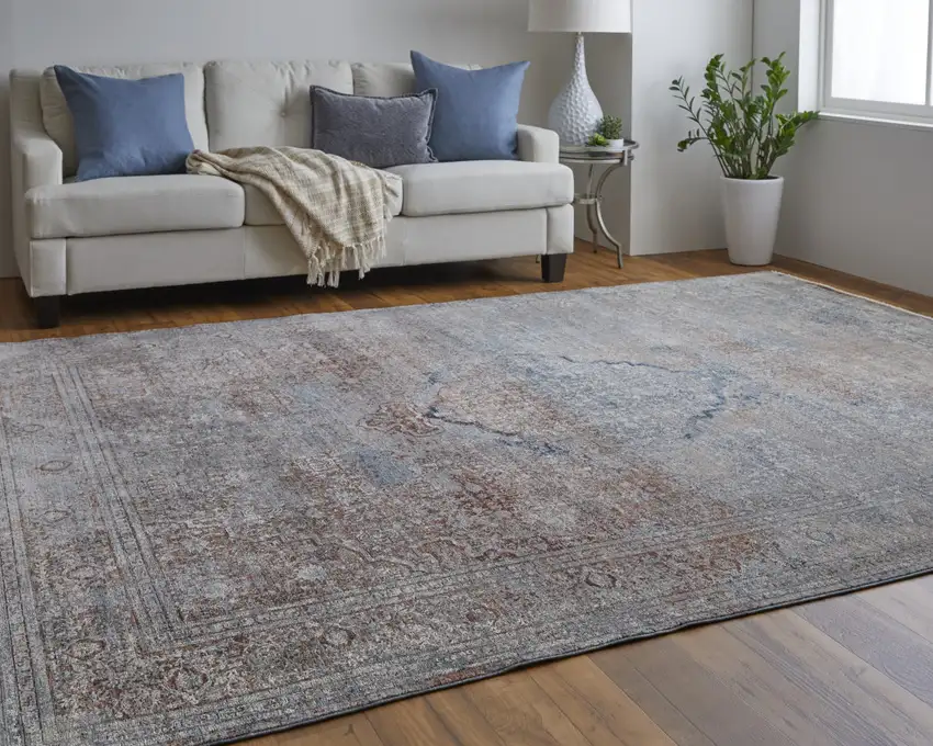 Blue Red And Gray Floral Power Loom Stain Resistant Area Rug Photo 7