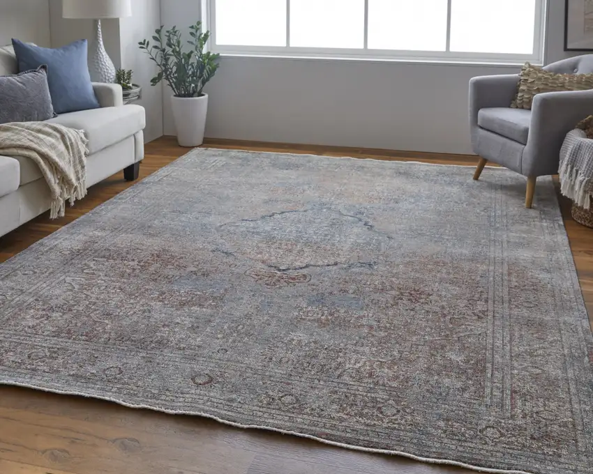 Blue Red And Gray Floral Power Loom Stain Resistant Area Rug Photo 9