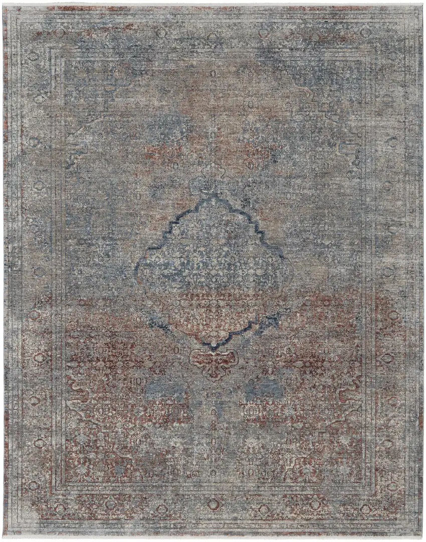Blue Red And Gray Floral Power Loom Stain Resistant Area Rug Photo 1