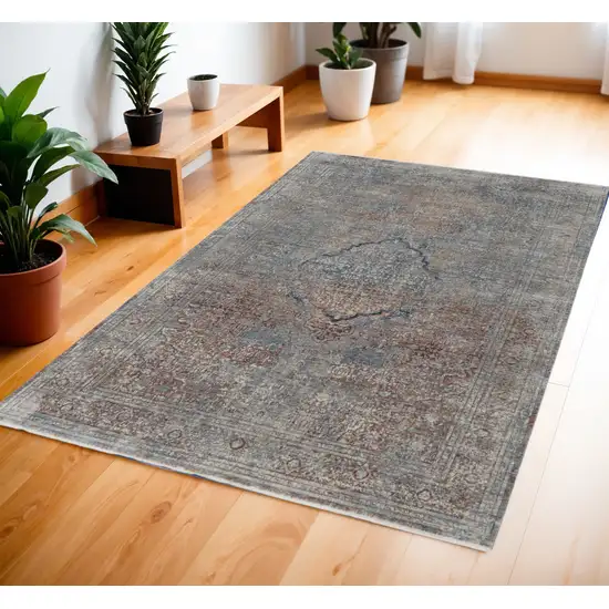 Blue Red And Gray Floral Power Loom Stain Resistant Area Rug Photo 1
