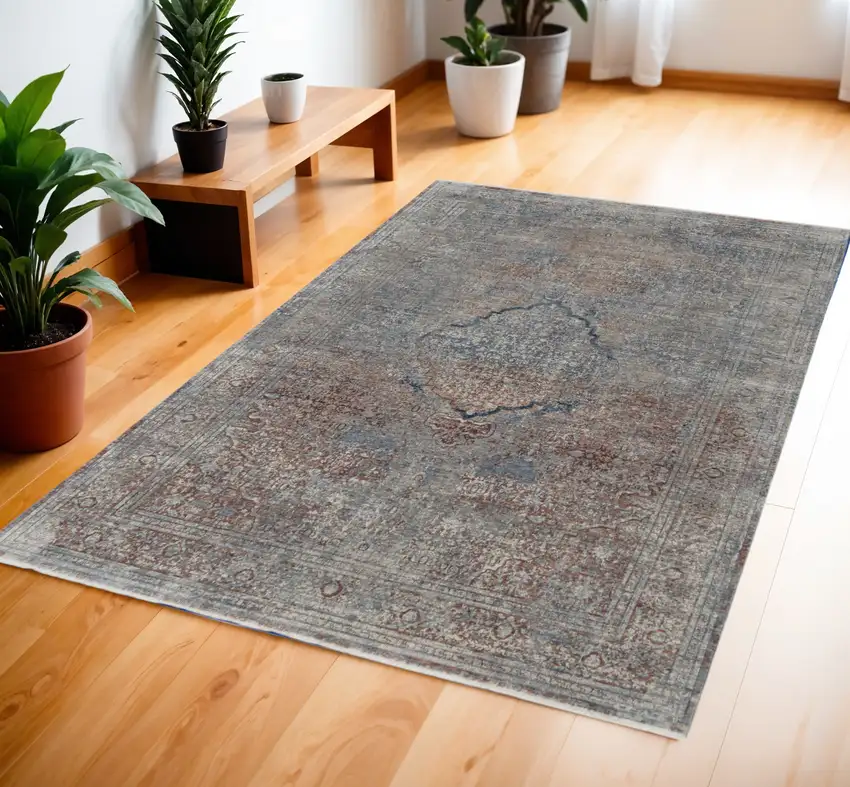 Blue Red And Gray Floral Power Loom Stain Resistant Area Rug Photo 1
