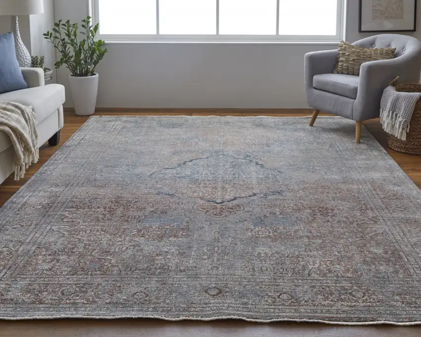 Blue Red And Gray Floral Power Loom Stain Resistant Area Rug Photo 3