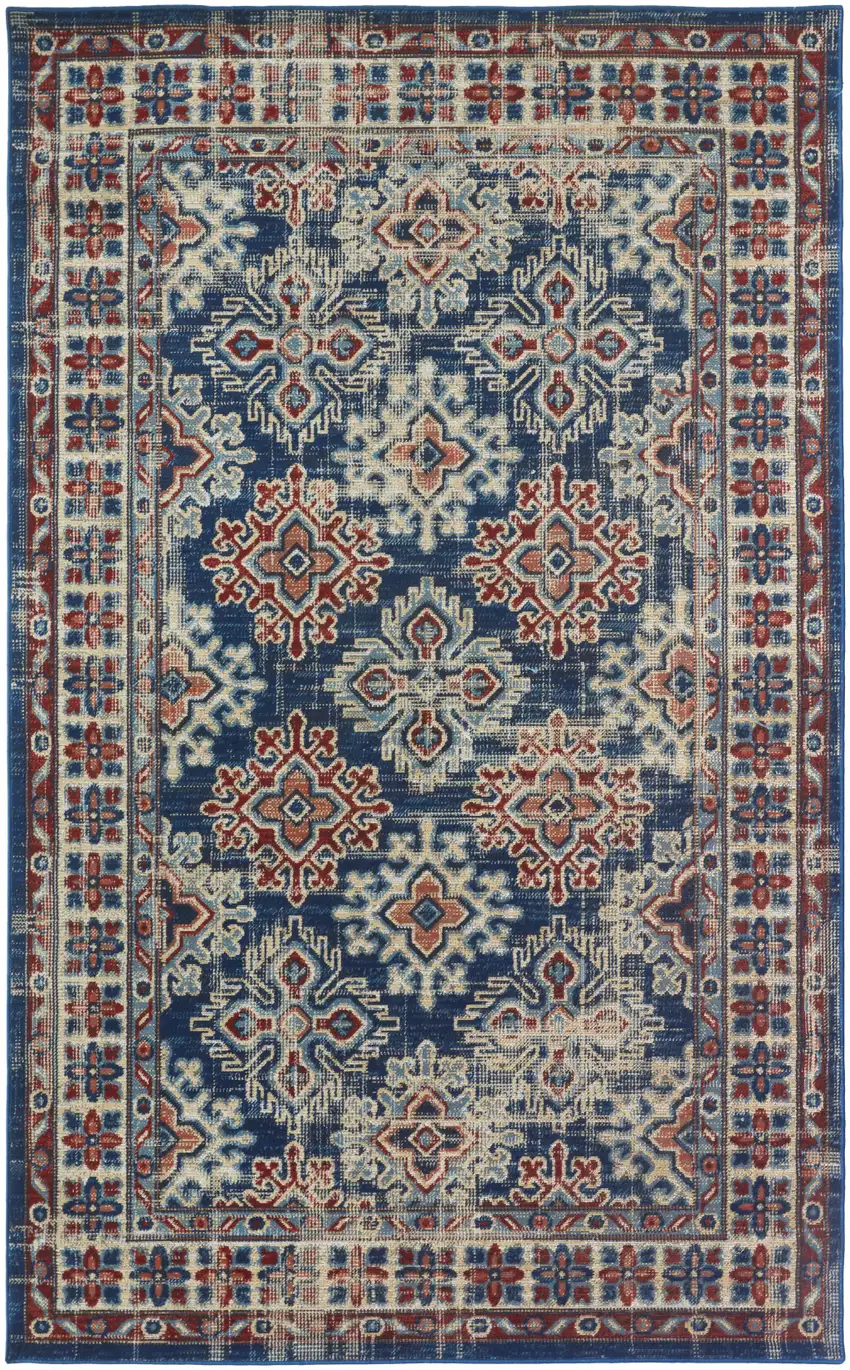 Blue Red And Ivory Abstract Power Loom Distressed Stain Resistant Area Rug Photo 1