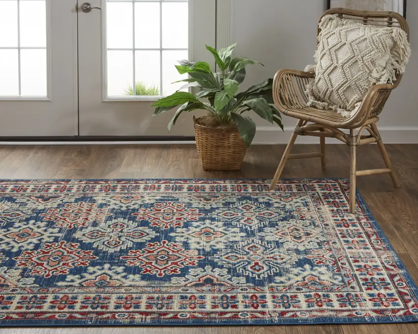 Blue Red And Ivory Abstract Power Loom Distressed Stain Resistant Area Rug Photo 9