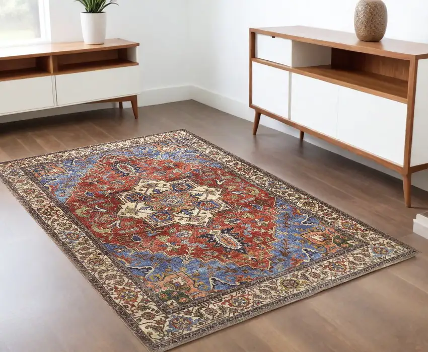 Blue Red And Ivory Floral Area Rug Photo 1