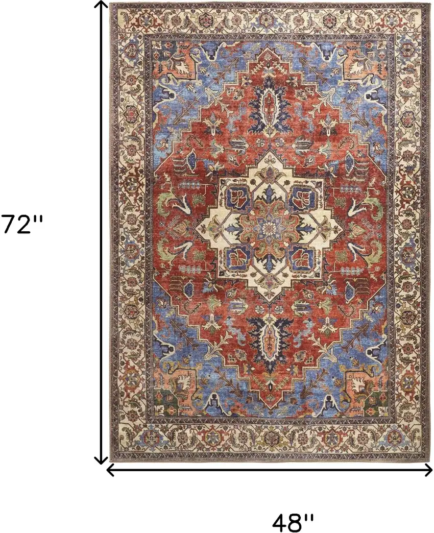 Blue Red And Ivory Floral Area Rug Photo 3