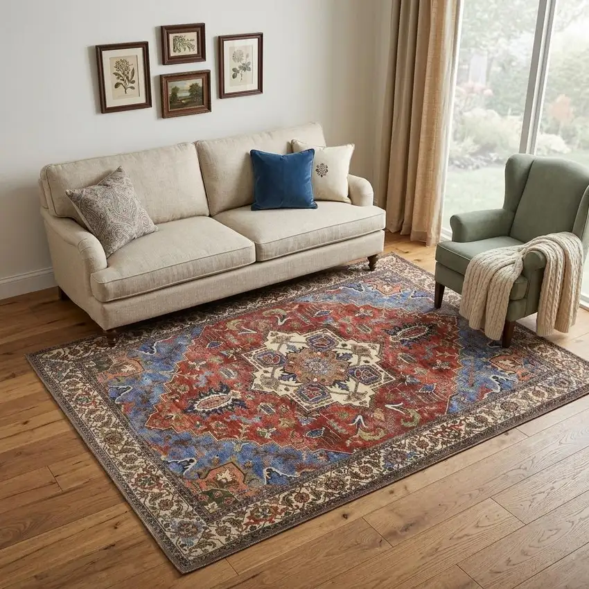 Blue And Orange Floral Medallion Area Rug Photo 1