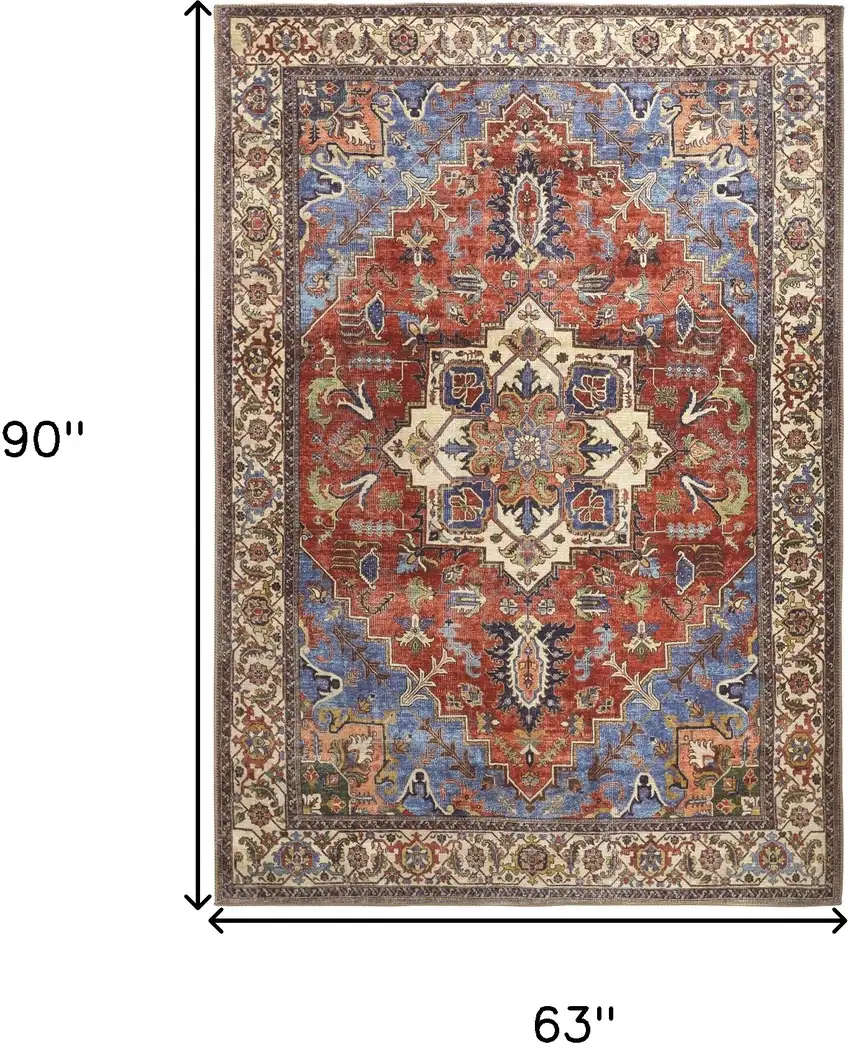 Blue Red And Ivory Floral Area Rug Photo 3