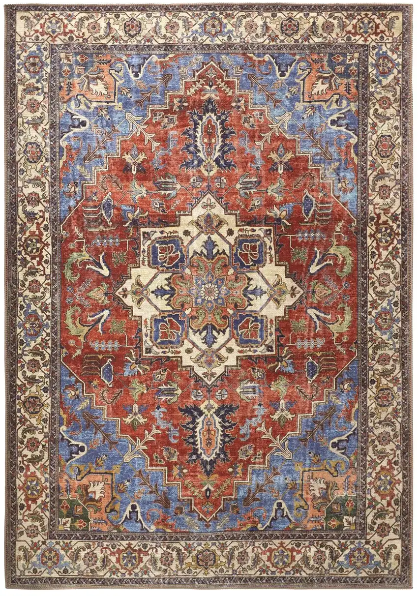 Blue Red And Ivory Floral Area Rug Photo 9