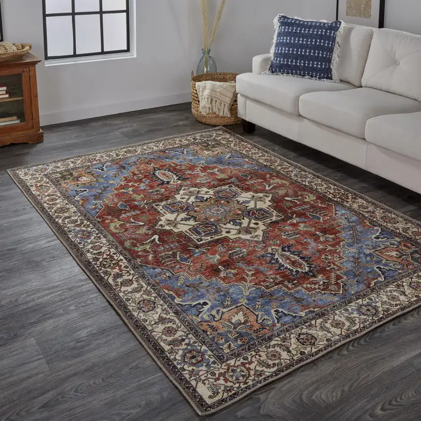 Blue Red And Ivory Floral Area Rug Photo 8
