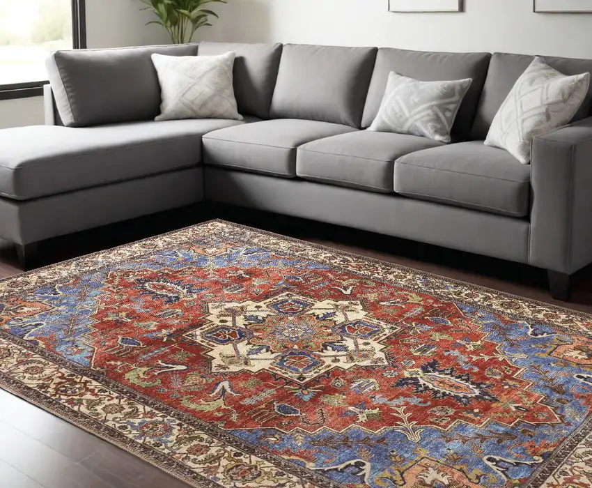 Blue Red And Ivory Floral Area Rug Photo 1