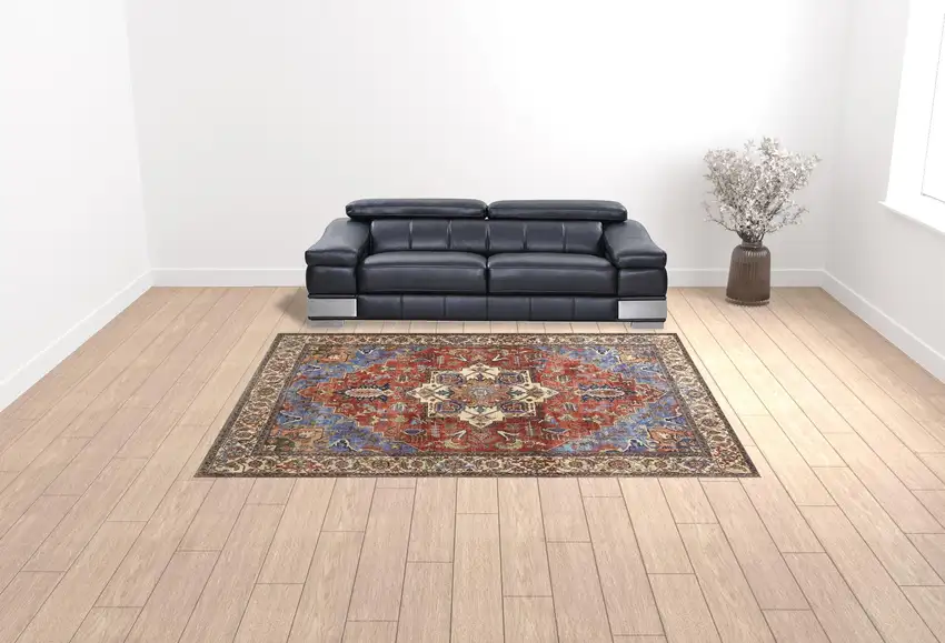Blue Red And Ivory Floral Area Rug Photo 3