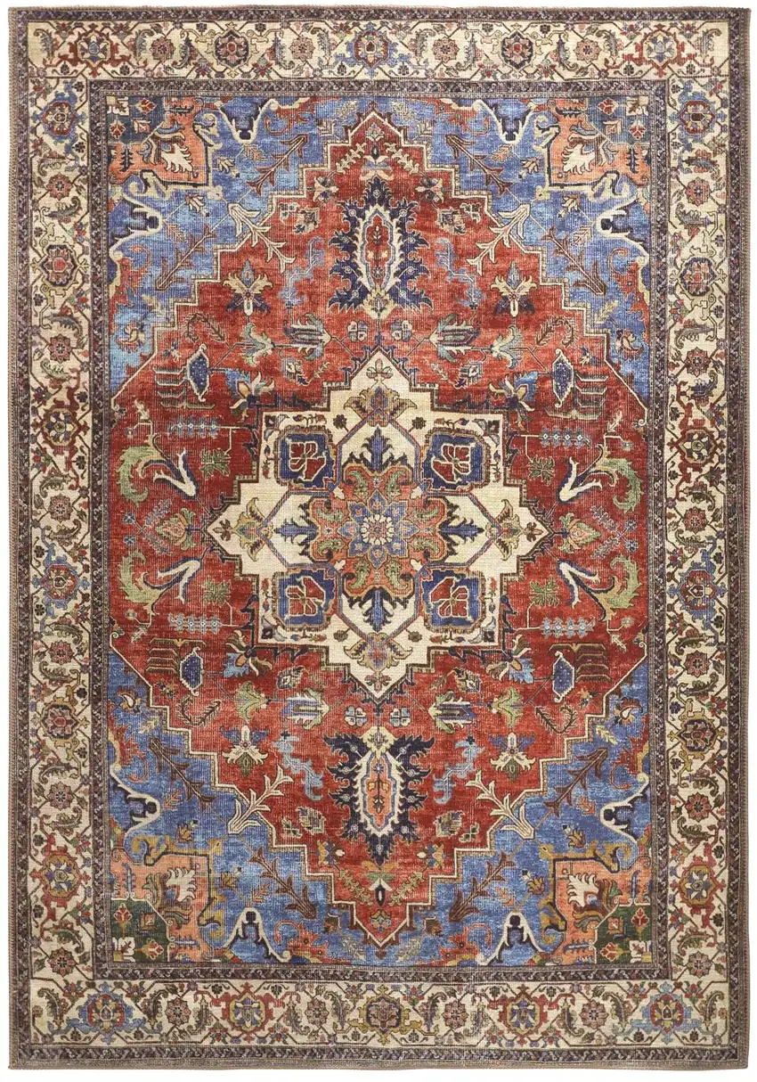 Blue Red And Ivory Floral Area Rug Photo 2