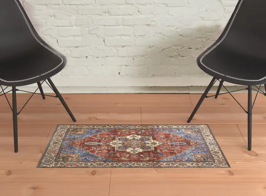 Blue Red And Ivory Floral Area Rug Photo 2