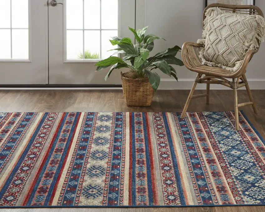 Blue Red And Ivory Geometric Power Loom Distressed Stain Resistant Area Rug Photo 9