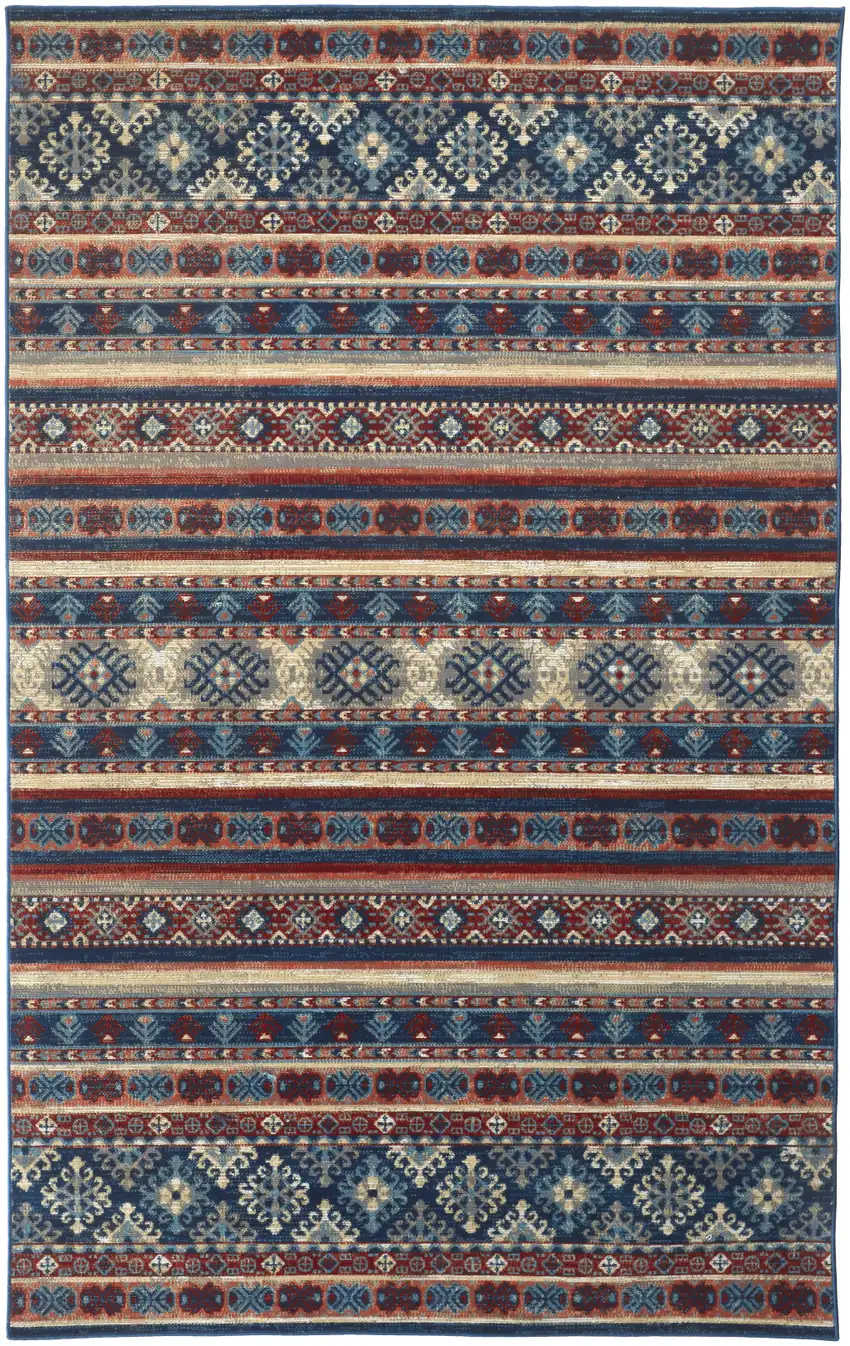 Blue Red And Ivory Geometric Power Loom Distressed Stain Resistant Area Rug Photo 1